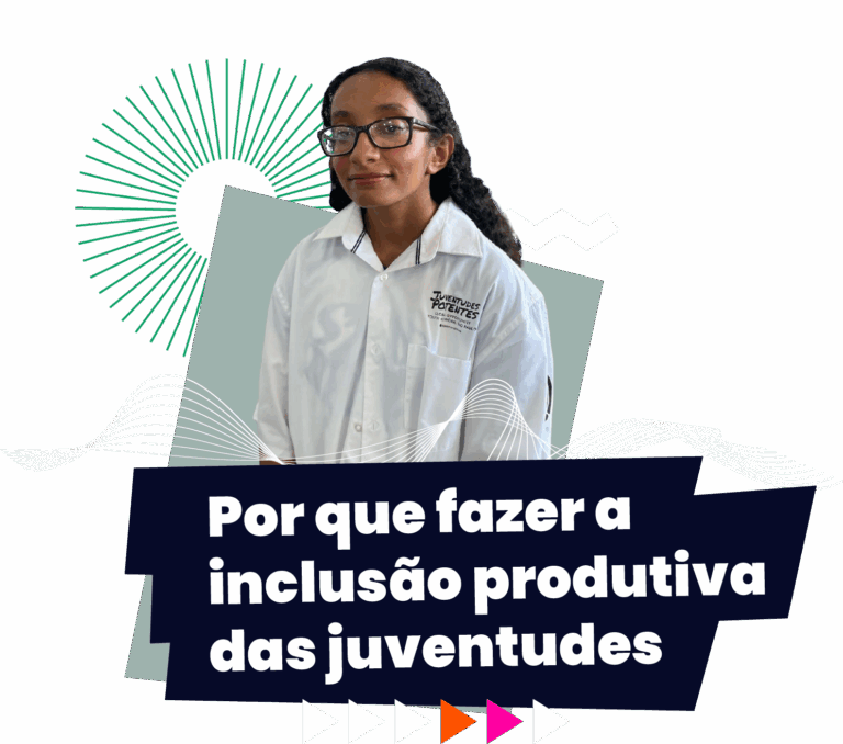 Jovem com jaleco do Juventudes Potentes ao lado do texto: ‘Por que fazer a inclusão produtiva das juventudes